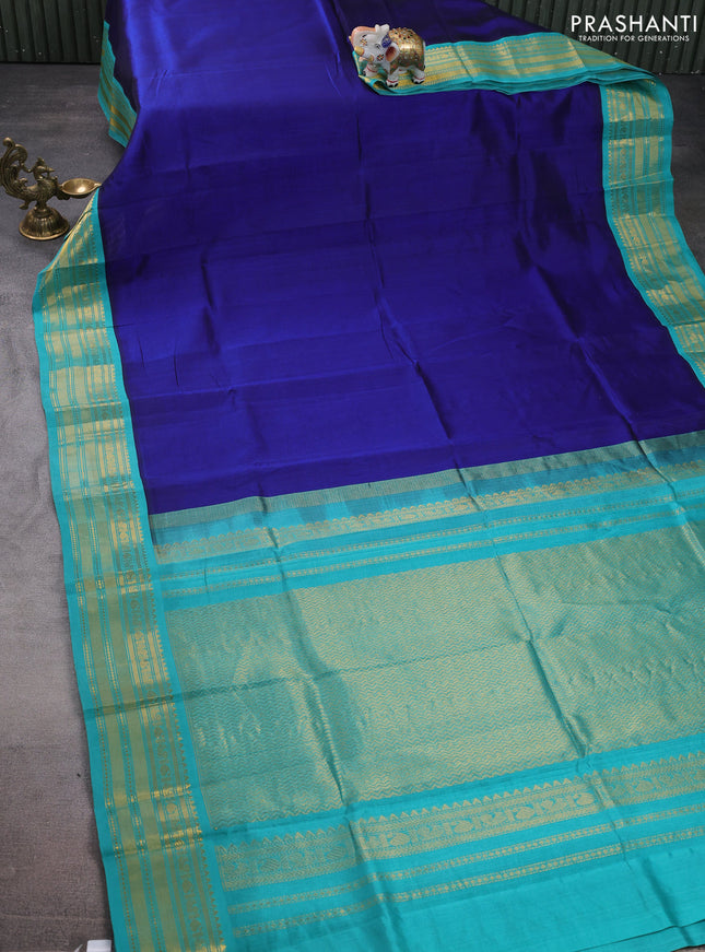 Silk cotton saree blue and teal blue with plain body and zari woven korvai border