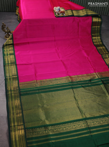 Silk cotton saree pink and green with plain body and zari woven korvai border