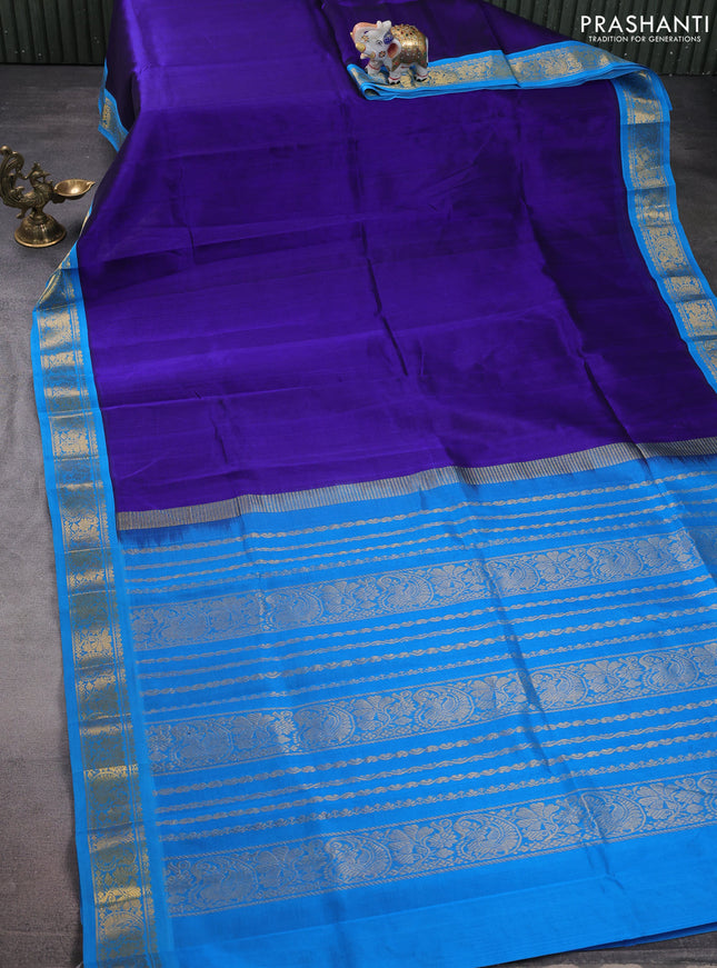 Silk cotton saree blue and cs blue with plain body and zari woven korvai border