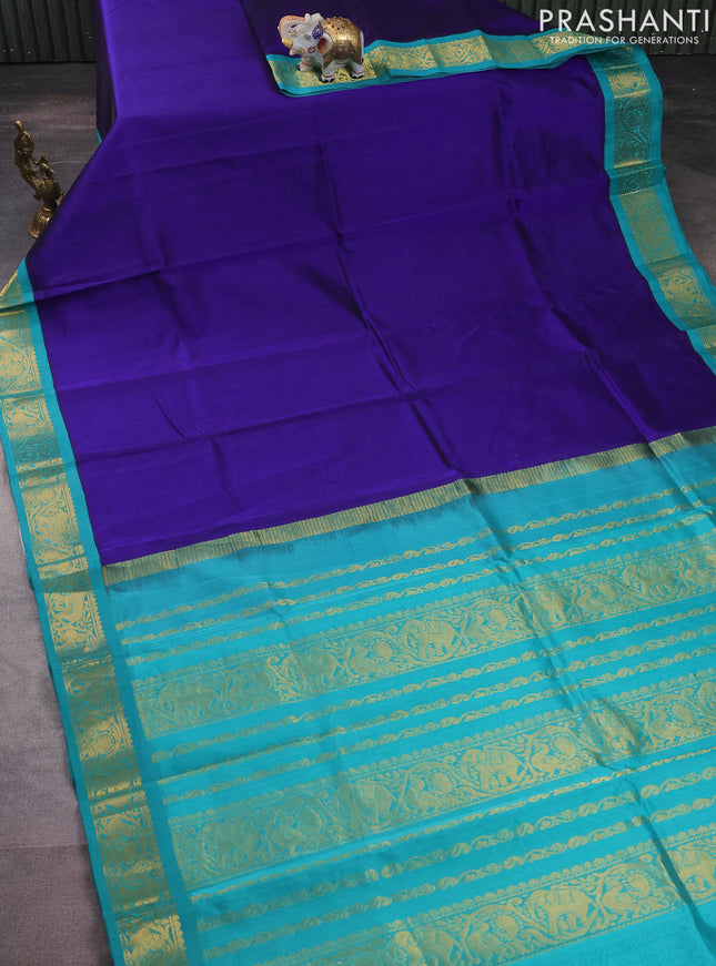 Silk cotton saree blue and teal blue with plain body and zari woven korvai border