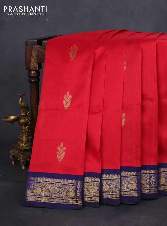 Silk cotton saree red and blue with zari woven buttas and zari woven korvai border