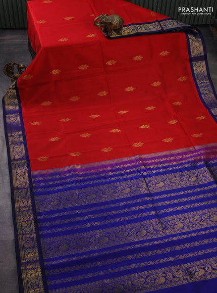 Silk cotton saree red and blue with zari woven buttas and zari woven korvai border