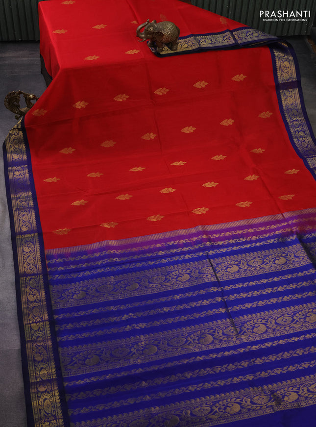 Silk cotton saree red and blue with zari woven buttas and zari woven korvai border