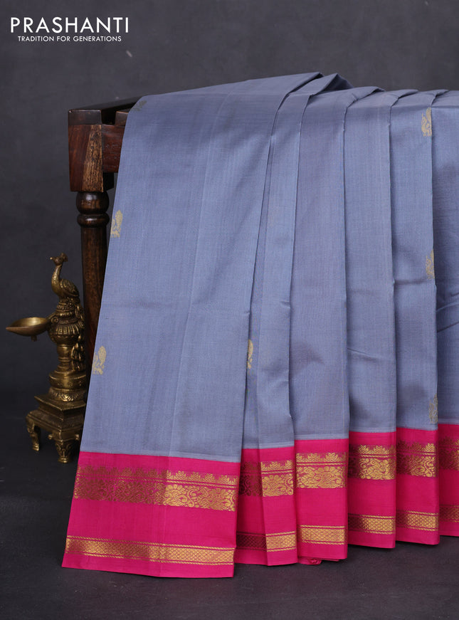 Silk cotton saree pastel grey and pink with annam zari woven buttas and rettapet zari woven korvai border