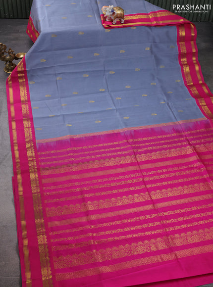 Silk cotton saree pastel grey and pink with annam zari woven buttas and rettapet zari woven korvai border