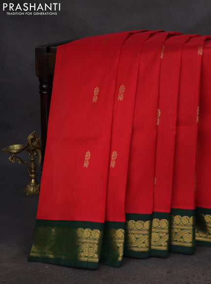 Silk cotton saree red and green with zari woven floral buttas and zari woven korvai border