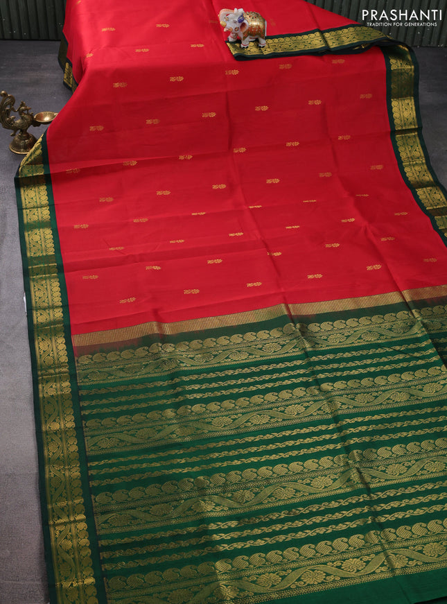 Silk cotton saree red and green with zari woven floral buttas and zari woven korvai border