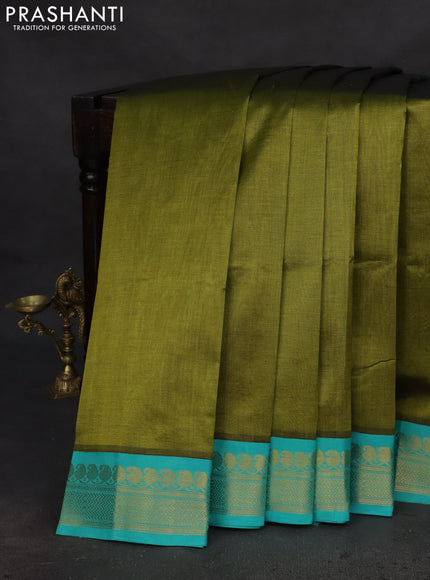 Silk cotton saree mehendi green and teal green with plain body and zari woven korvai border