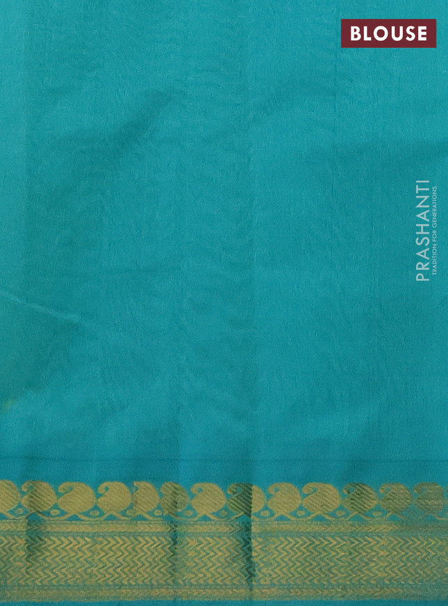 Silk cotton saree mehendi green and teal green with plain body and zari woven korvai border