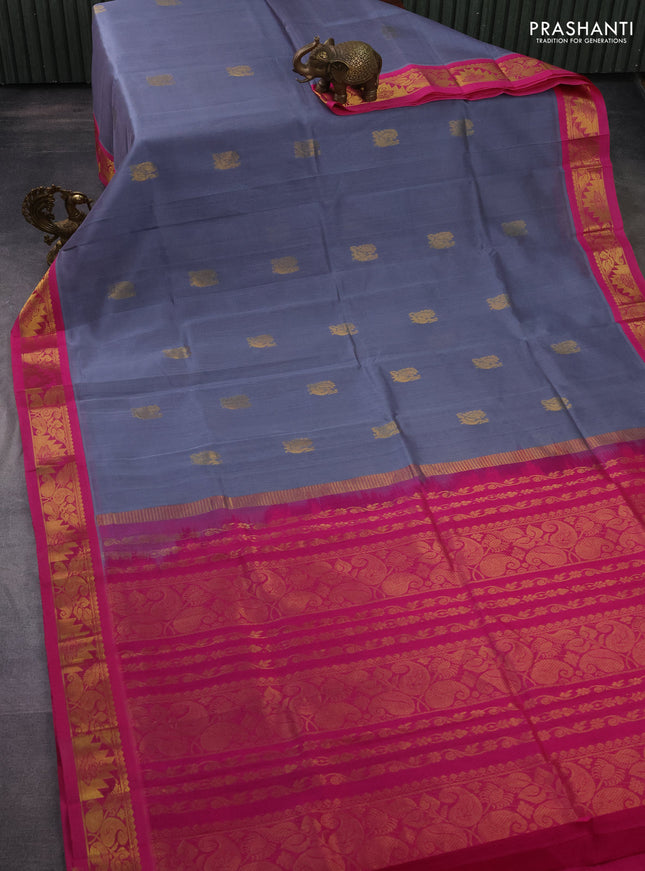 Silk cotton saree grey and pink with annam zari woven buttas and zari woven korvai border