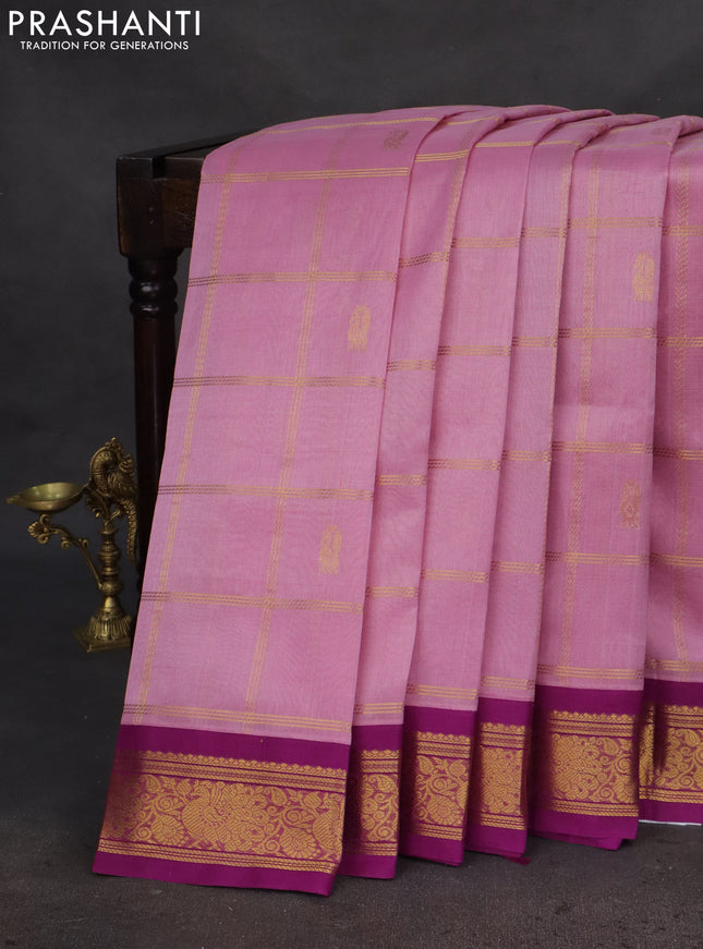 Silk cotton saree light pink and purple with zari checks & buttas and zari woven korvai border