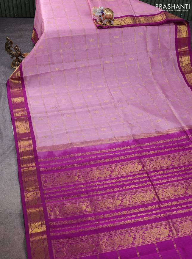 Silk cotton saree light pink and purple with zari checks & buttas and zari woven korvai border