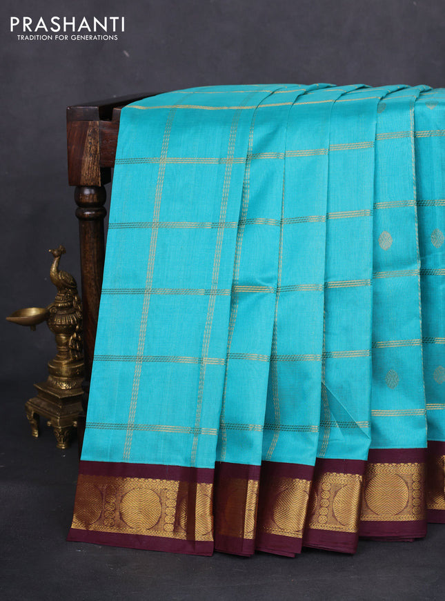 Silk cotton saree teal blue and deep maroon with zari checks & buttas and zari woven korvai border