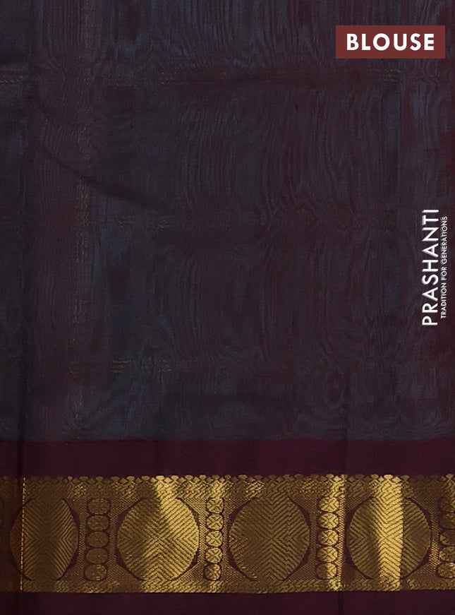Silk cotton saree teal blue and deep maroon with zari checks & buttas and zari woven korvai border