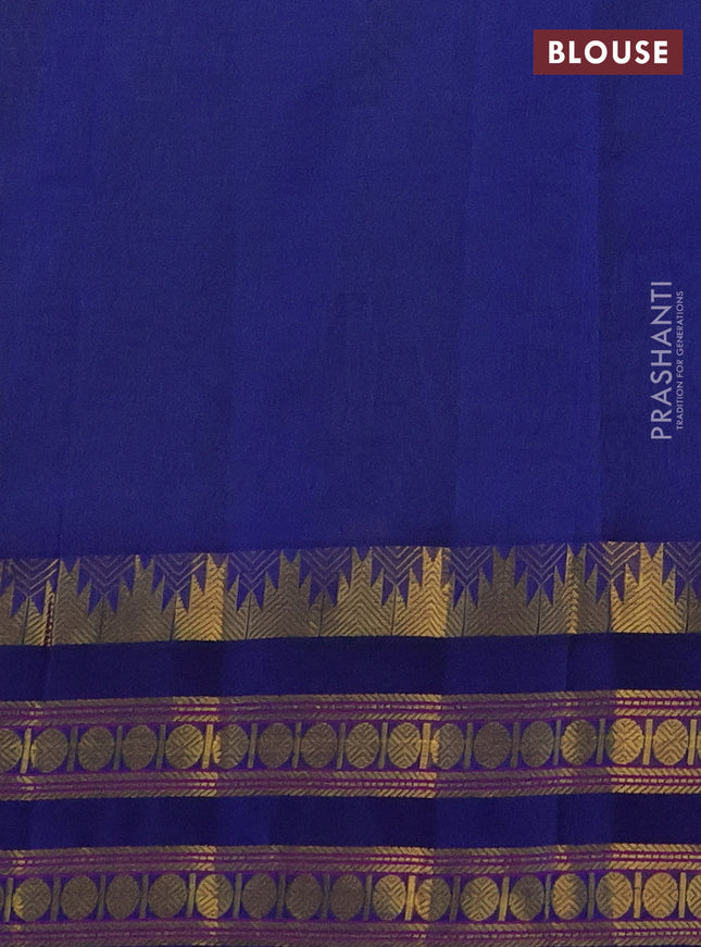 Silk cotton saree light green and blue with allover small zari checked pattern and temple design zari woven korvai border