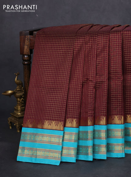 Silk cotton saree deep maroon and teal blue with allover small zari checked pattern and temple design zari woven korvai border