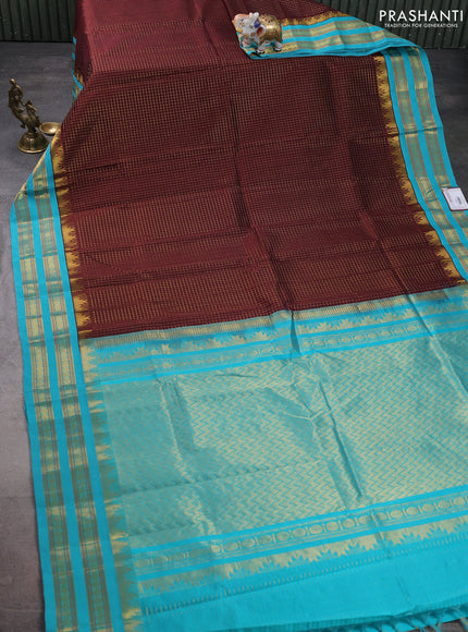 Silk cotton saree deep maroon and teal blue with allover small zari checked pattern and temple design zari woven korvai border