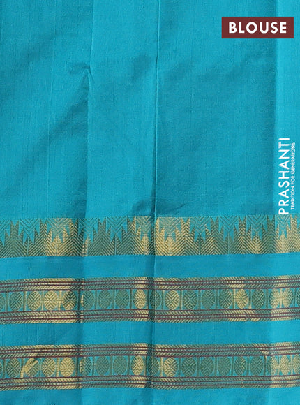 Silk cotton saree deep maroon and teal blue with allover small zari checked pattern and temple design zari woven korvai border