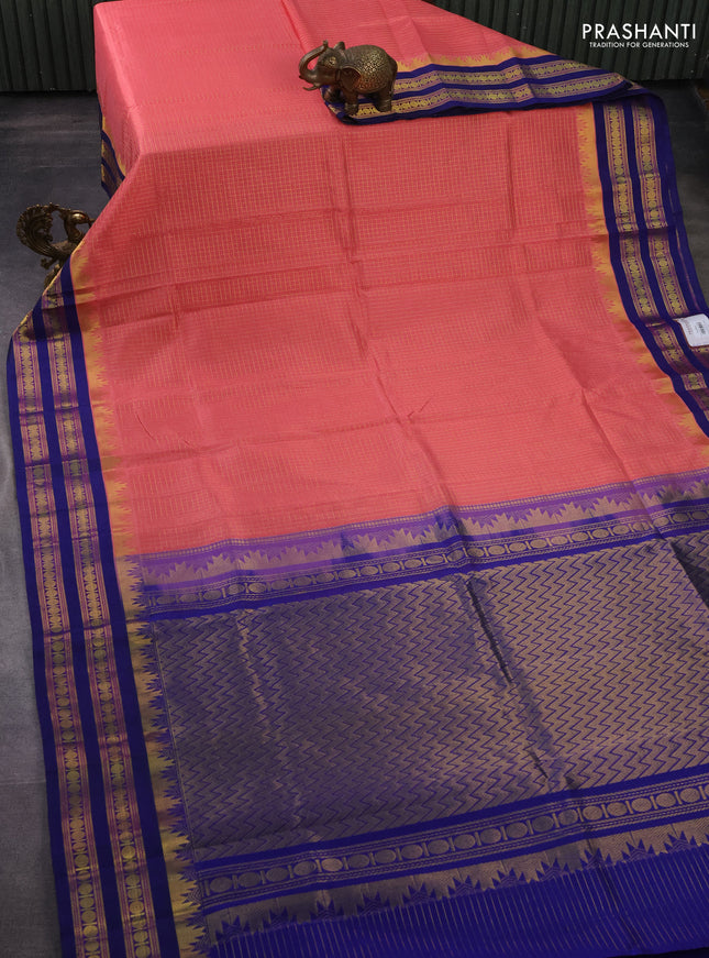 Silk cotton saree peach pink and blue with allover small zari checked pattern and temple design zari woven korvai border