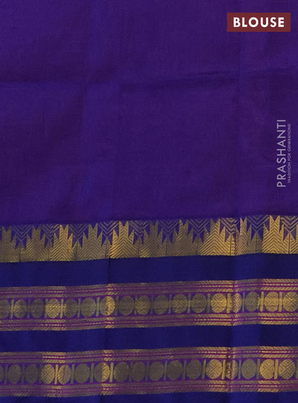 Silk cotton saree peach pink and blue with allover small zari checked pattern and temple design zari woven korvai border
