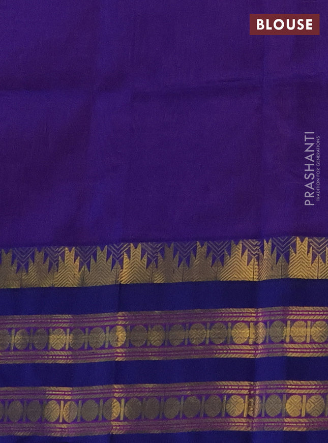 Silk cotton saree peach pink and blue with allover small zari checked pattern and temple design zari woven korvai border