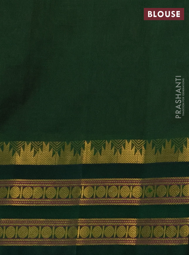 Silk cotton saree peach pink and green with allover small zari checked pattern and temple design zari woven korvai border