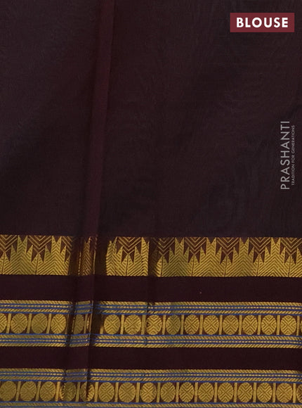 Silk cotton saree teal blue and brown with allover small zari checked pattern and temple design zari woven korvai border