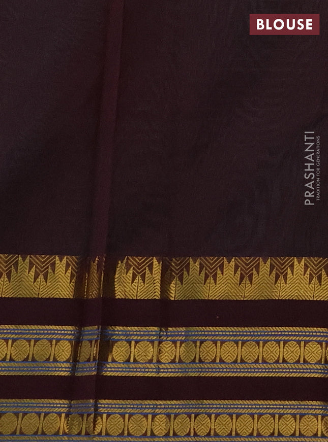Silk cotton saree teal blue and brown with allover small zari checked pattern and temple design zari woven korvai border