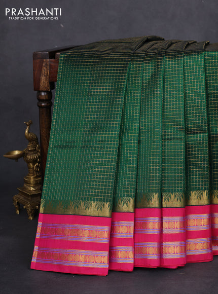 Silk cotton saree green and pink with allover small zari checked pattern and temple design zari woven korvai border