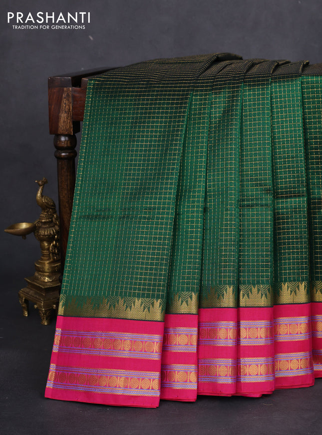 Silk cotton saree green and pink with allover small zari checked pattern and temple design zari woven korvai border