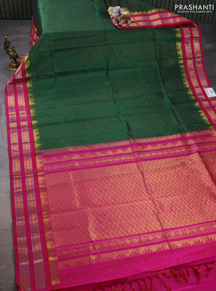 Silk cotton saree green and pink with allover small zari checked pattern and temple design zari woven korvai border