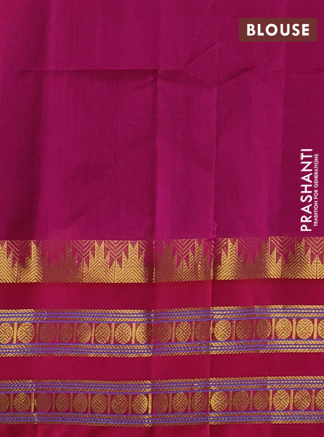 Silk cotton saree green and pink with allover small zari checked pattern and temple design zari woven korvai border