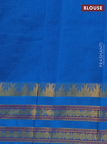 Silk cotton saree blue and cs blue with allover small zari checked pattern and temple design zari woven korvai border