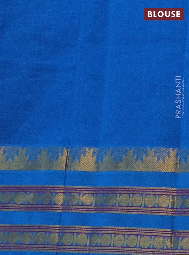 Silk cotton saree blue and cs blue with allover small zari checked pattern and temple design zari woven korvai border
