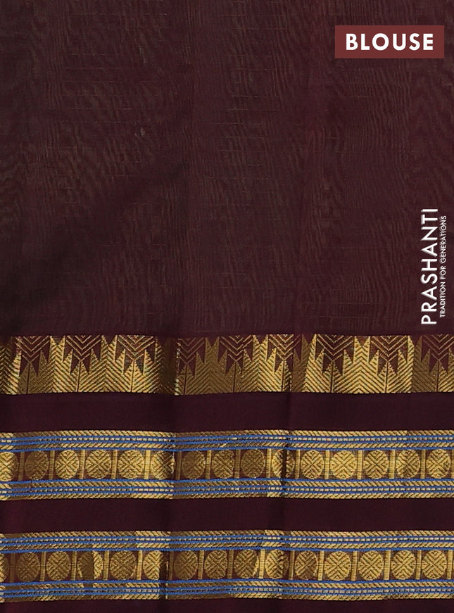 Silk cotton saree pastel green and deep maroon with allover small zari checked pattern and temple design zari woven korvai border