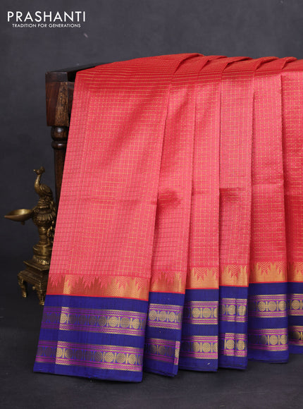 Silk cotton saree pink and blue with allover small zari checked pattern and temple design zari woven korvai border