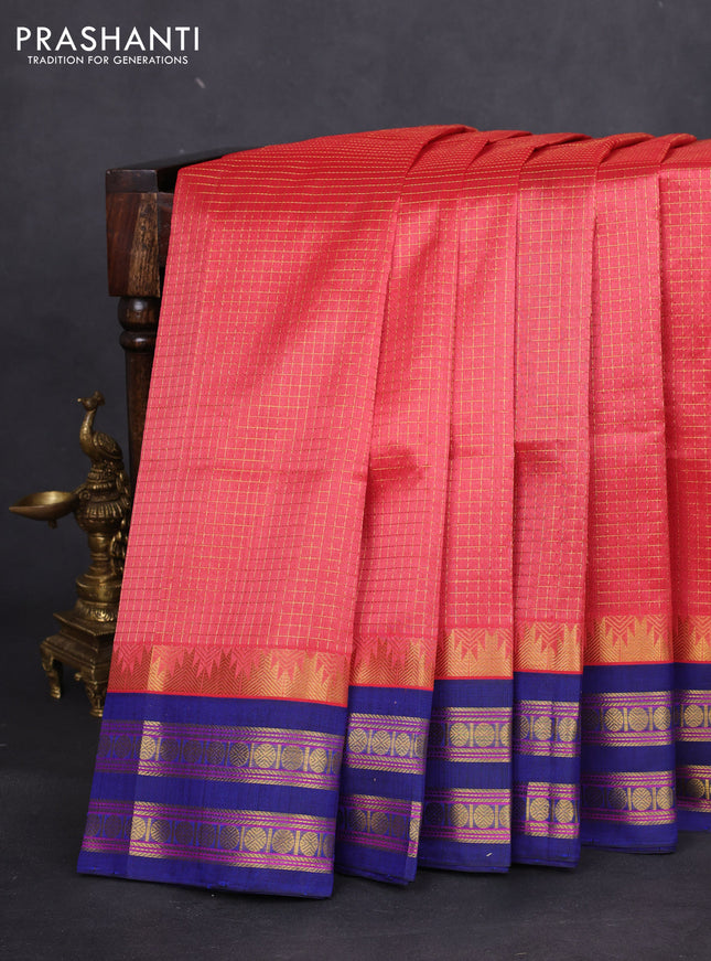 Silk cotton saree pink and blue with allover small zari checked pattern and temple design zari woven korvai border