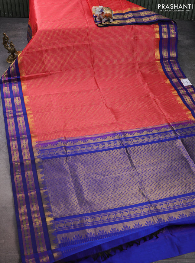 Silk cotton saree pink and blue with allover small zari checked pattern and temple design zari woven korvai border