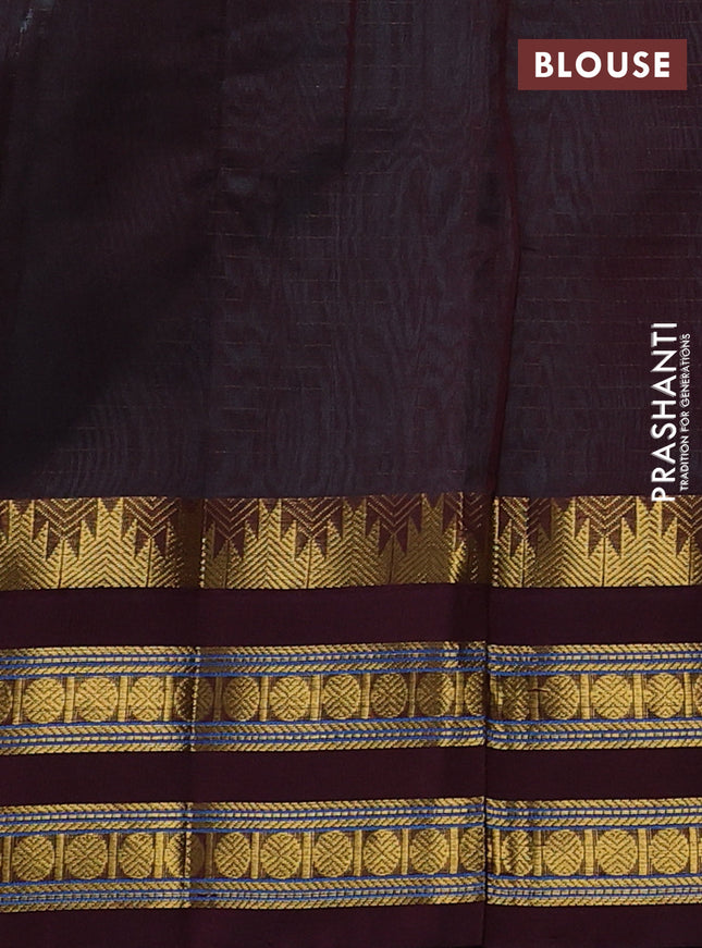 Silk cotton saree teal blue and deep maroon with allover small zari checked pattern and temple design zari woven korvai border
