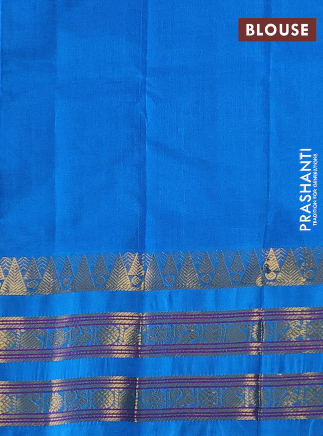 Silk cotton saree blue and cs blue with allover small zari checked pattern and temple design zari woven korvai border