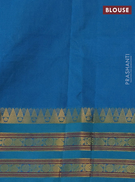Silk cotton saree mehendi green and cs blue with allover small zari checked pattern and temple design zari woven korvai border