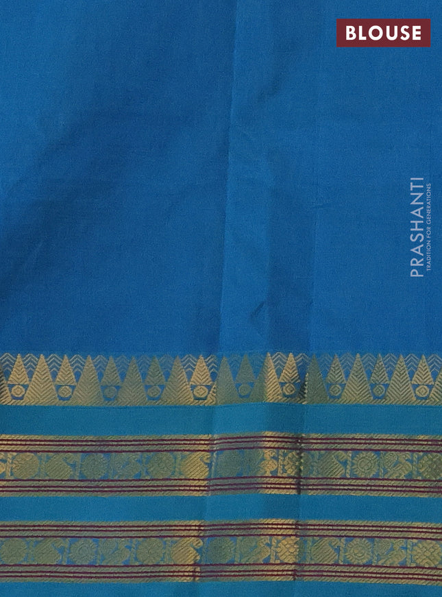 Silk cotton saree mehendi green and cs blue with allover small zari checked pattern and temple design zari woven korvai border