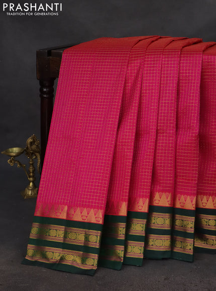 Silk cotton saree pink and green with allover small zari checked pattern and temple design zari woven korvai border