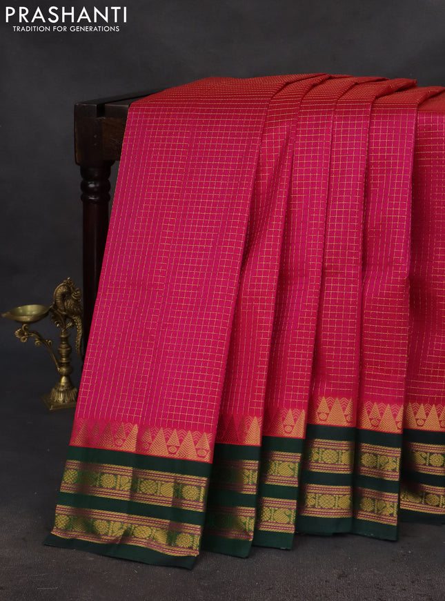 Silk cotton saree pink and green with allover small zari checked pattern and temple design zari woven korvai border