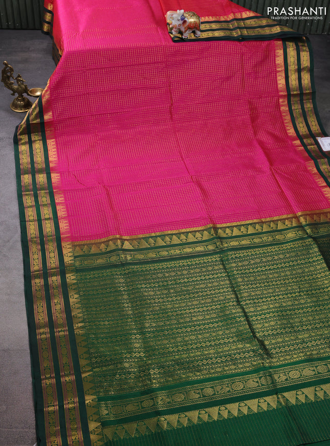 Silk cotton saree pink and green with allover small zari checked pattern and temple design zari woven korvai border