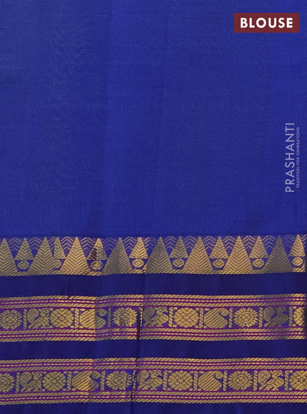 Silk cotton saree pista green and blue with allover small zari checked pattern and temple design zari woven korvai border