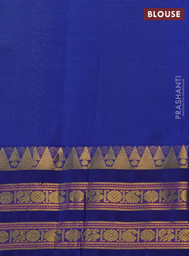 Silk cotton saree pista green and blue with allover small zari checked pattern and temple design zari woven korvai border