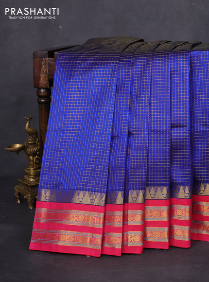 Silk cotton saree blue and pink with allover small zari checked pattern and temple design zari woven korvai border