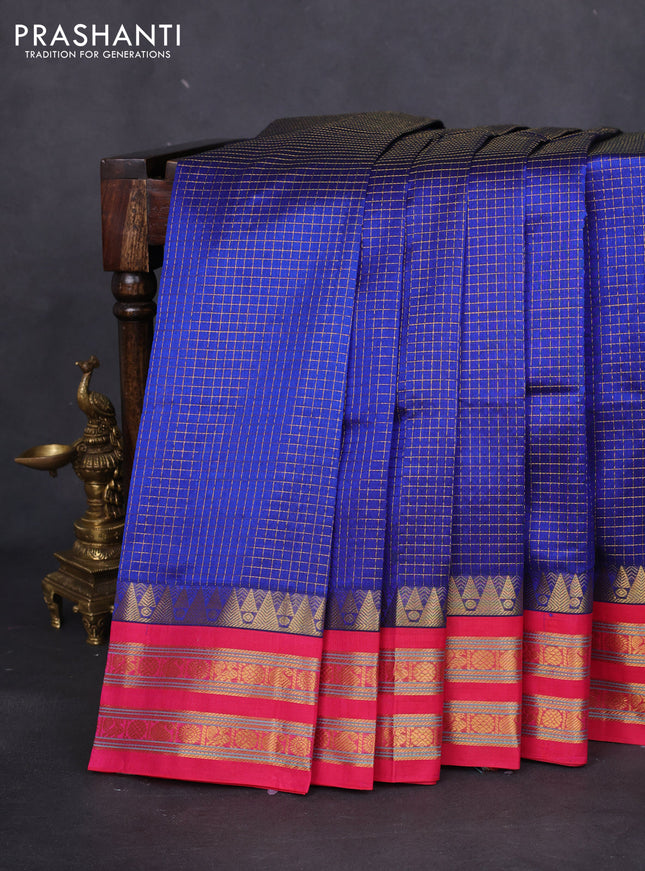 Silk cotton saree blue and pink with allover small zari checked pattern and temple design zari woven korvai border