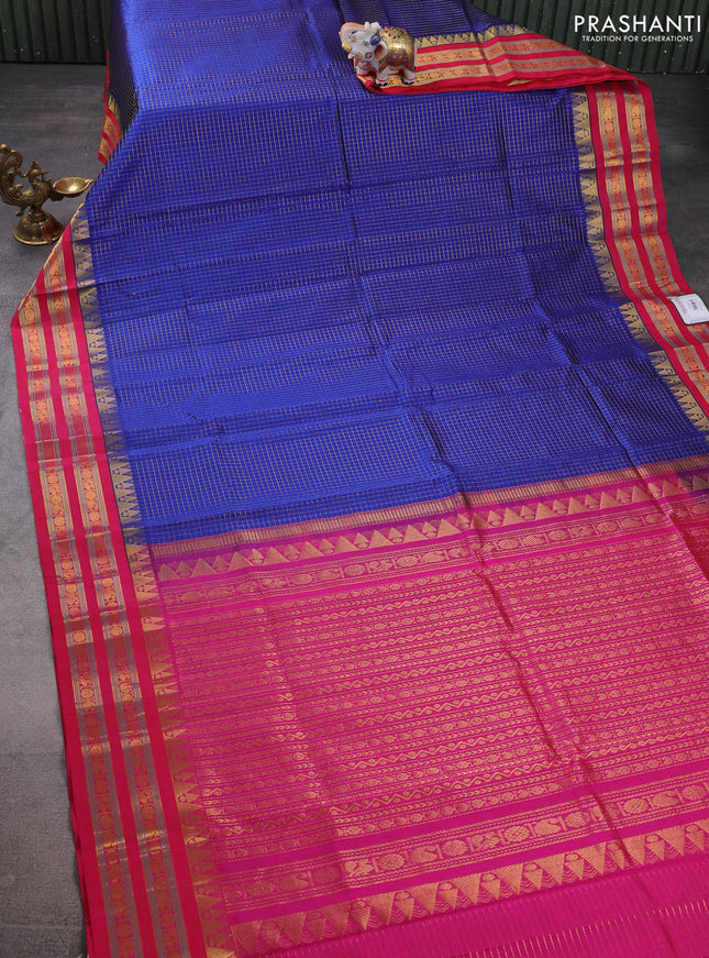 Silk cotton saree blue and pink with allover small zari checked pattern and temple design zari woven korvai border